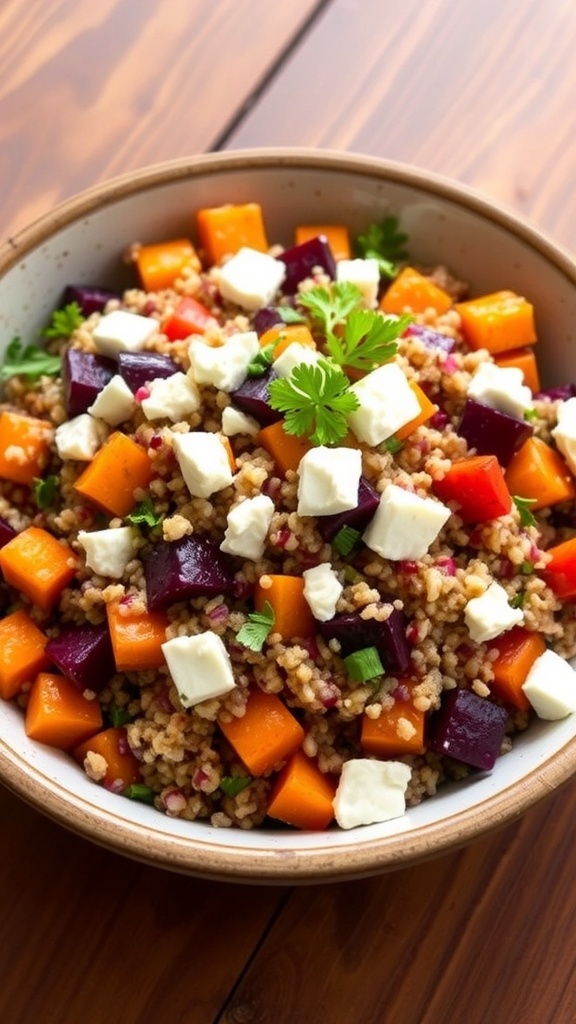 A vibrant quinoa salad with roasted beets, yams, and goat cheese in a rustic bowl.